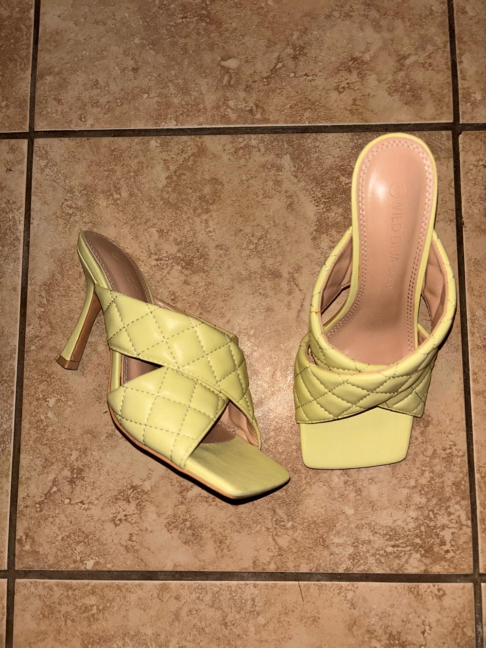 Wild Diva Quilted Lemon Yellow High Heel Slide Sandals